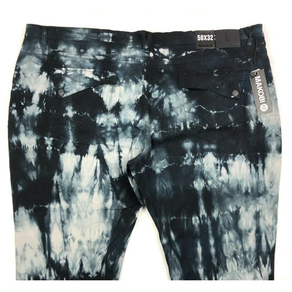 Makobi Mens 58x32 Black Acid Wash Tie Dye Straight Leg Casual Pants Flap Pockets - Picture 10 of 12